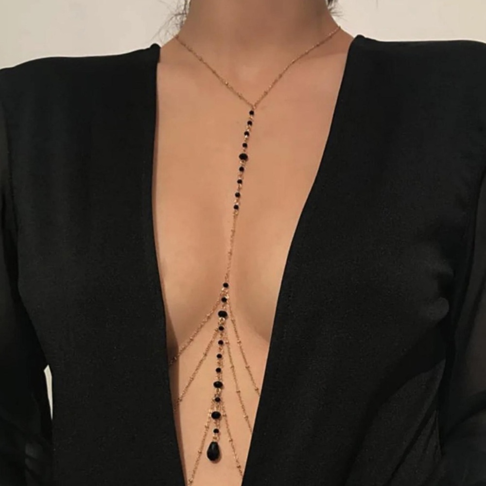 Elegant Black Beaded Silver Low Necklace Body Chain